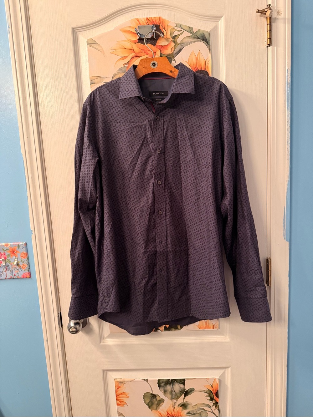 Bugatchi Dark Blue Micro-Pattern Long-Sleeve Dress Shirt